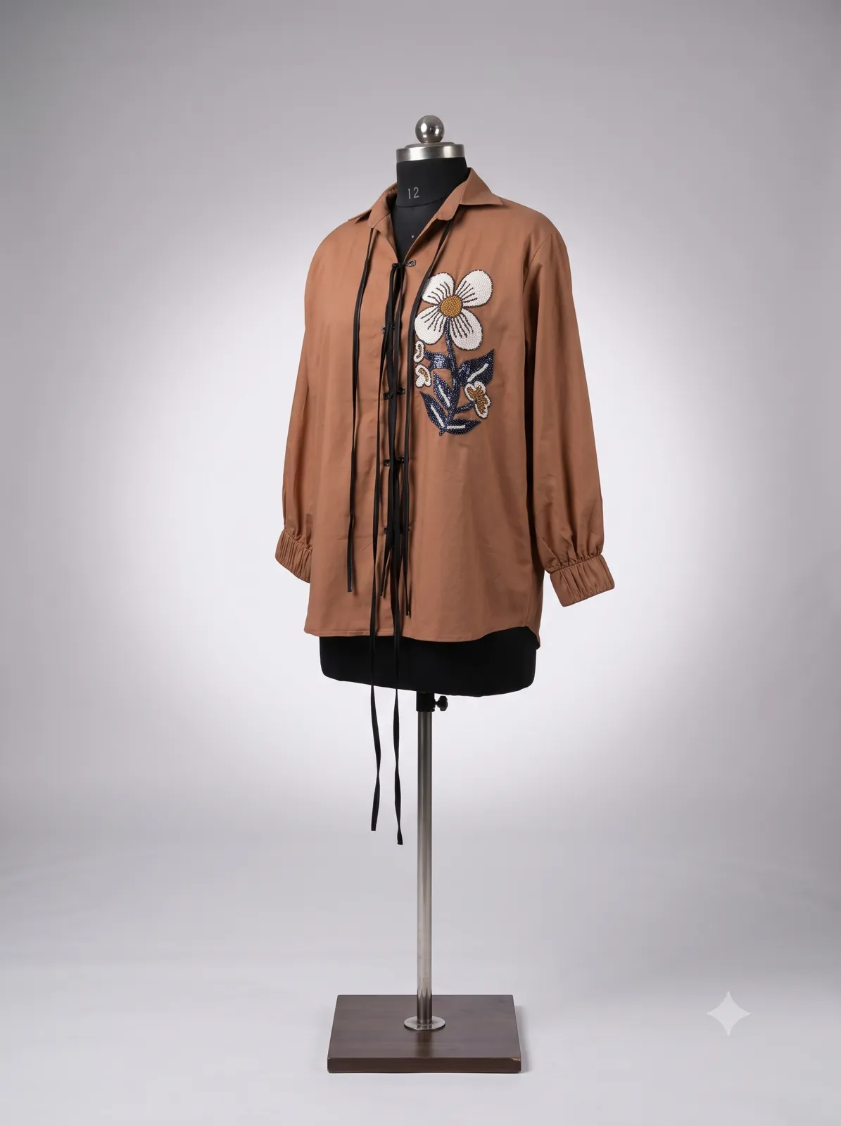 Camel Floral Embroidered Tie-Front Shirt view 2