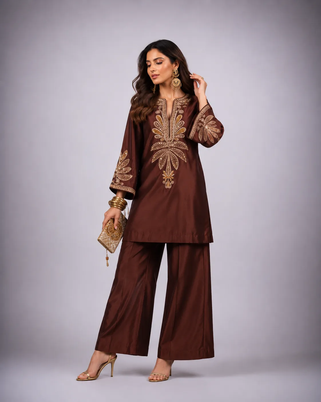 Mocha Royale Gold Embroidered Co-Ord Set view 2