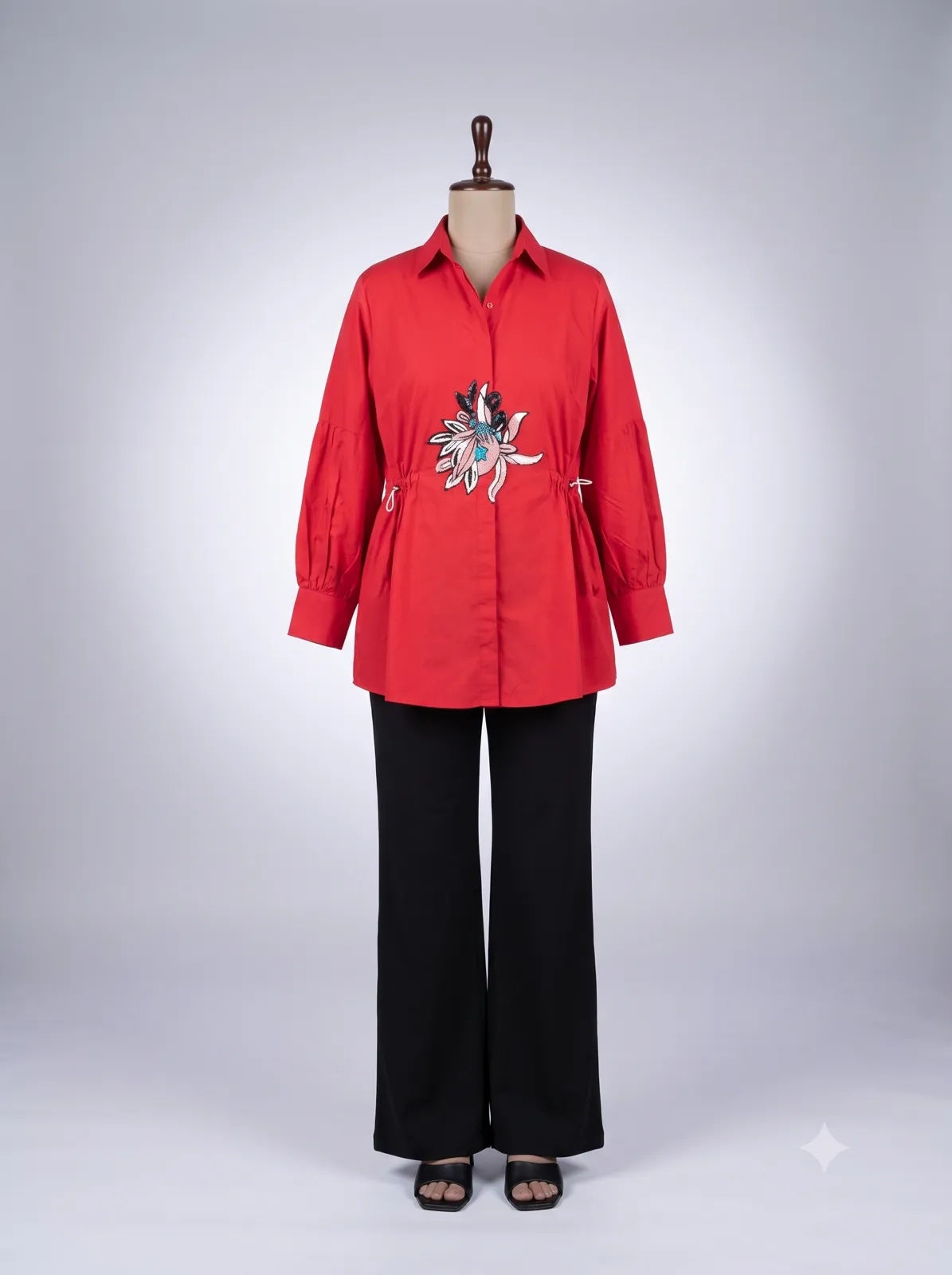 Bright Red Embroidered Drawstring Tunic Shirt — Vstitch Shirts, VStitch by Anjali Nanda