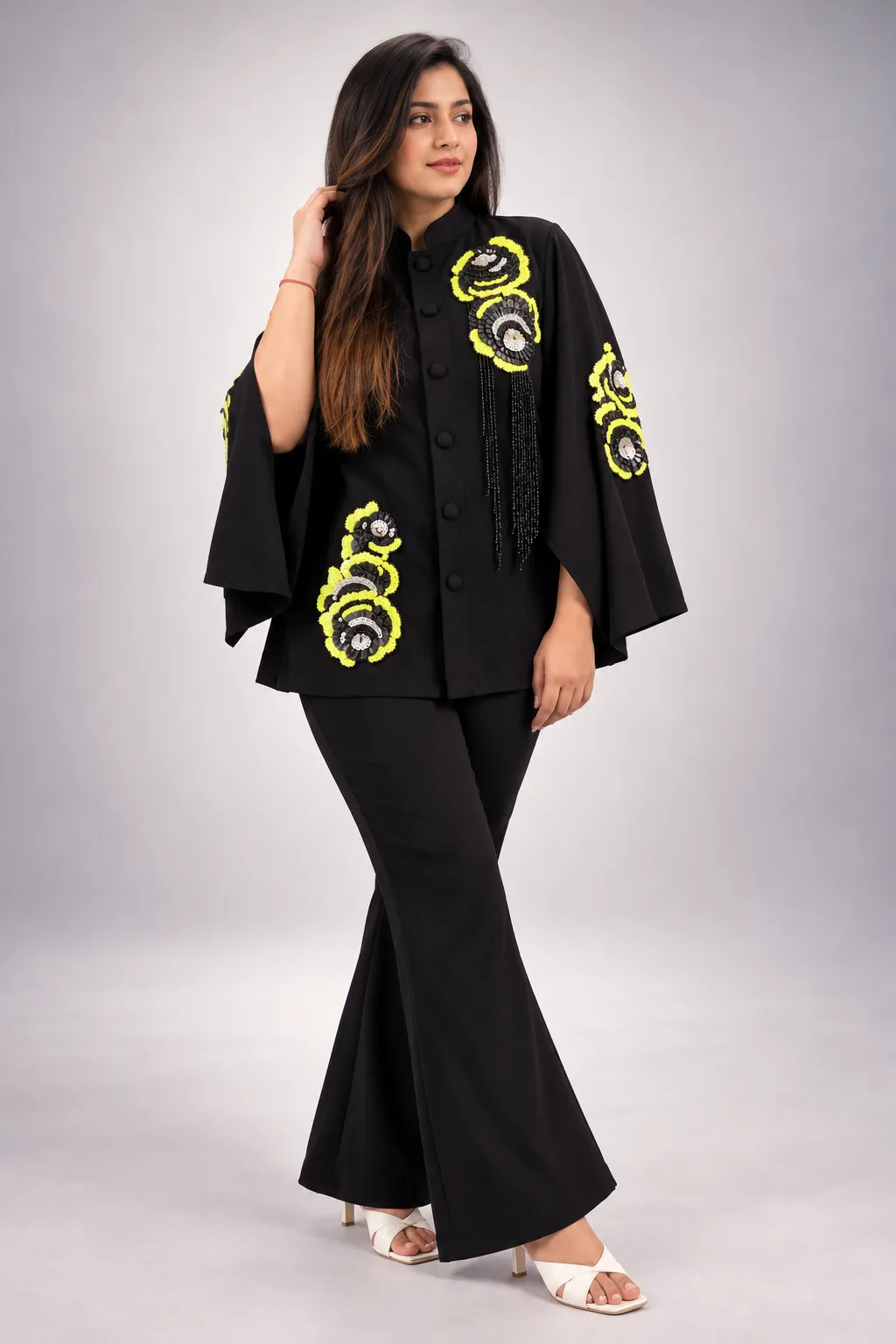 Midnight Bloom Hand-Embroidered Cape — VStitch Capes, VStitch by Anjali Nanda