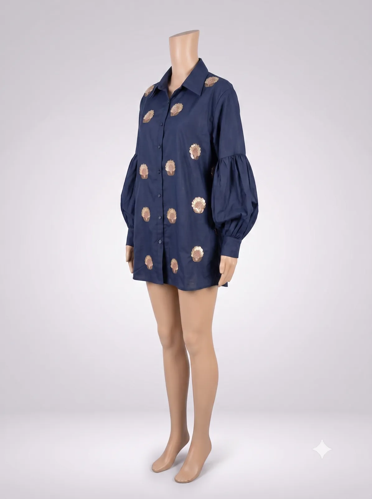 Gold Sequined Navy Blue Balloon Sleeve Shirt Dress view 2