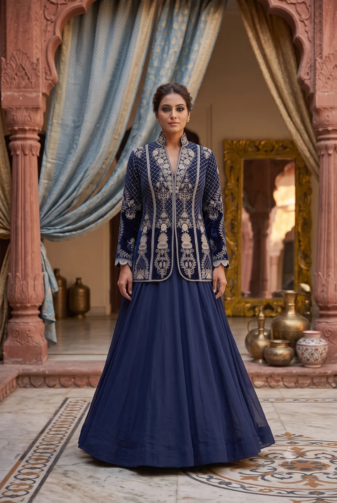 Midnight Blue Embroidered Jacket Lehenga Set — VStitch Lehnga, VStitch by Anjali Nanda