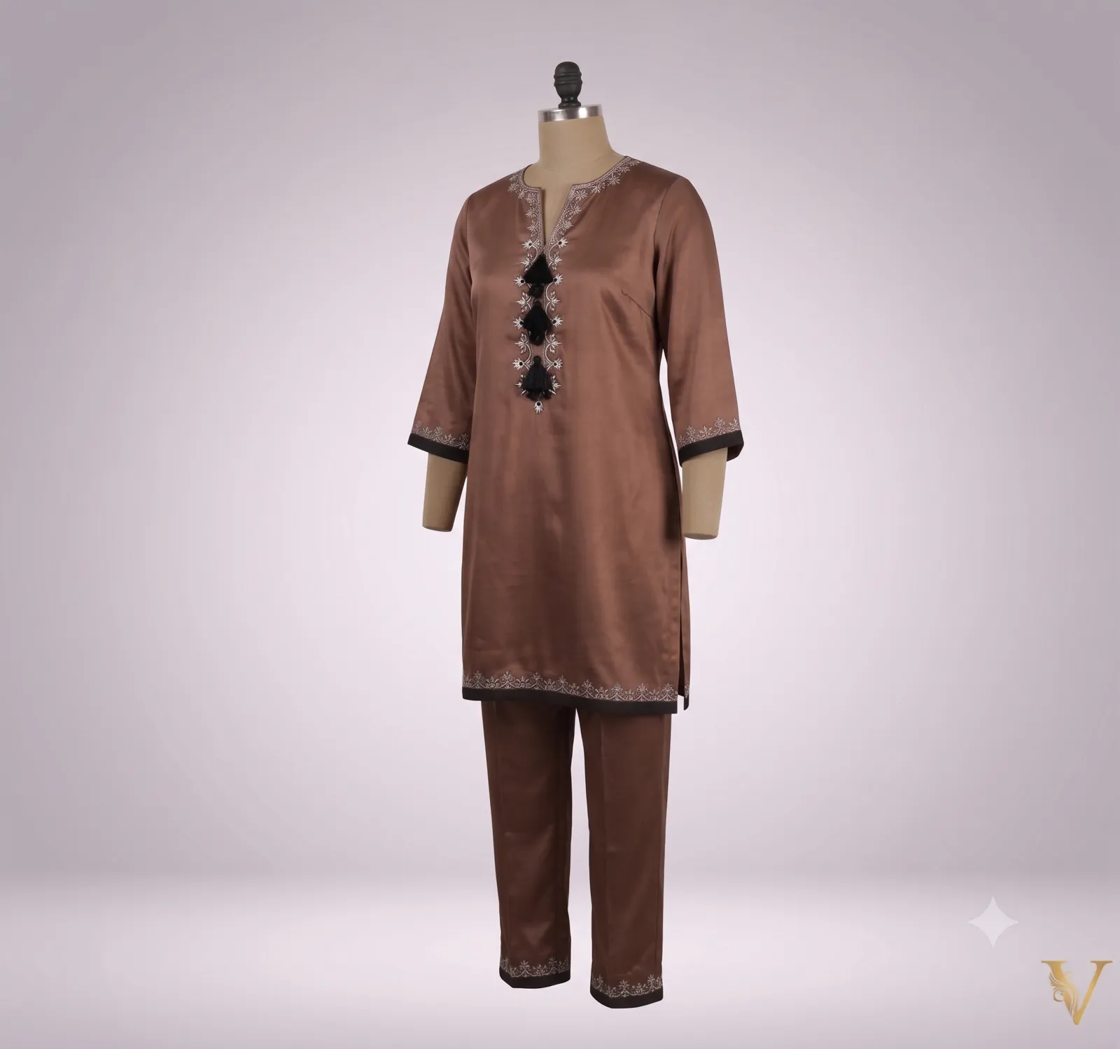 Mocha Satin Tassel Tunic Set view 2