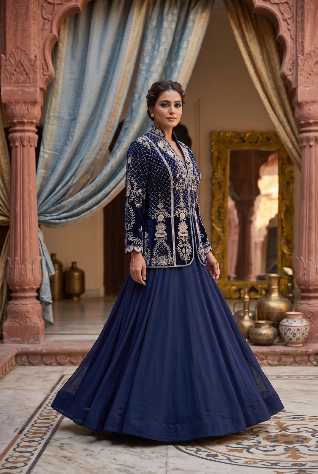 Midnight Blue Embroidered Jacket Lehenga Set view 2