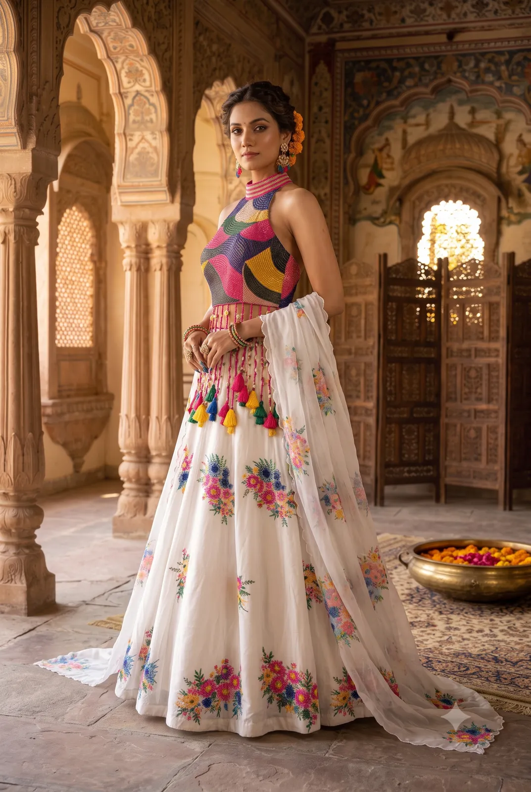 Bohemian Floral Ivory Fusion Lehenga Set view 2