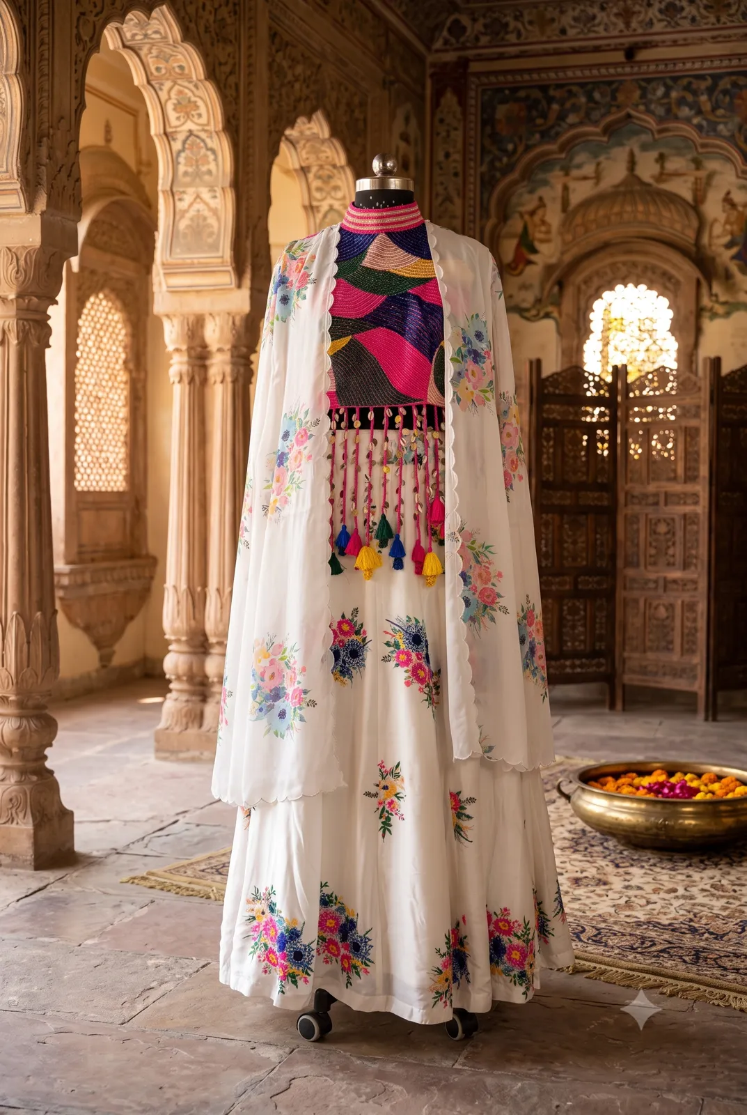 Bohemian Floral Ivory Fusion Lehenga Set view 3