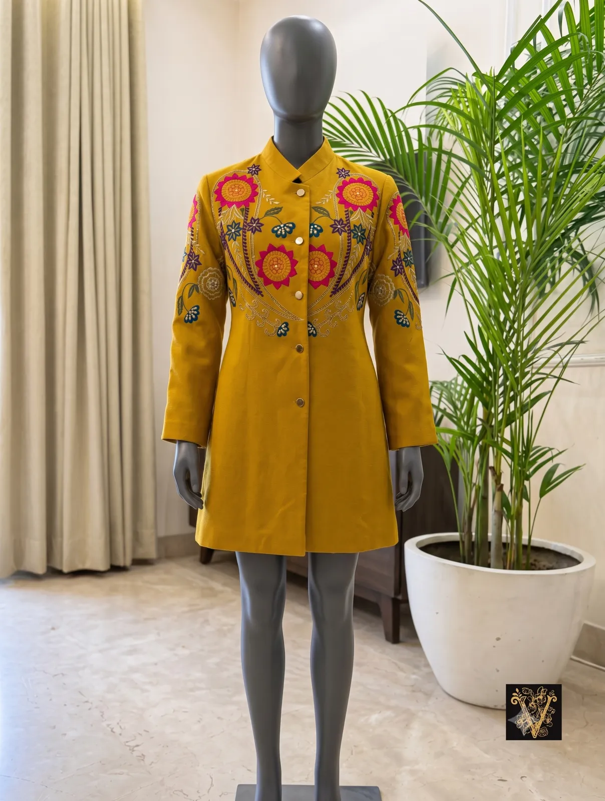 Mustard Yellow Embroidered Coat Dress — VStitch Capes, VStitch by Anjali Nanda