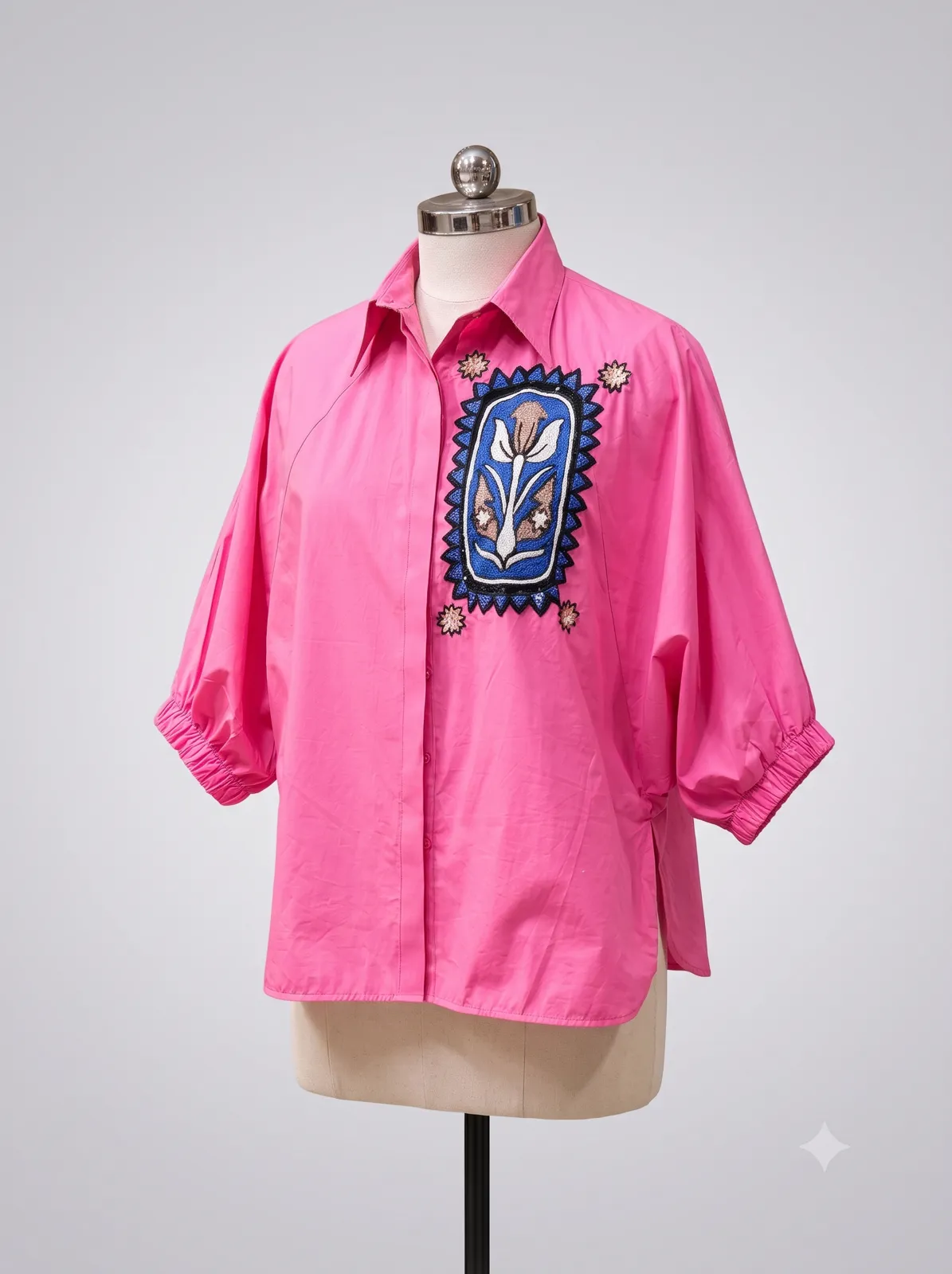 Hot Pink Embroidered Patch Puff-Sleeve Shirt — Vstitch Shirts, VStitch by Anjali Nanda