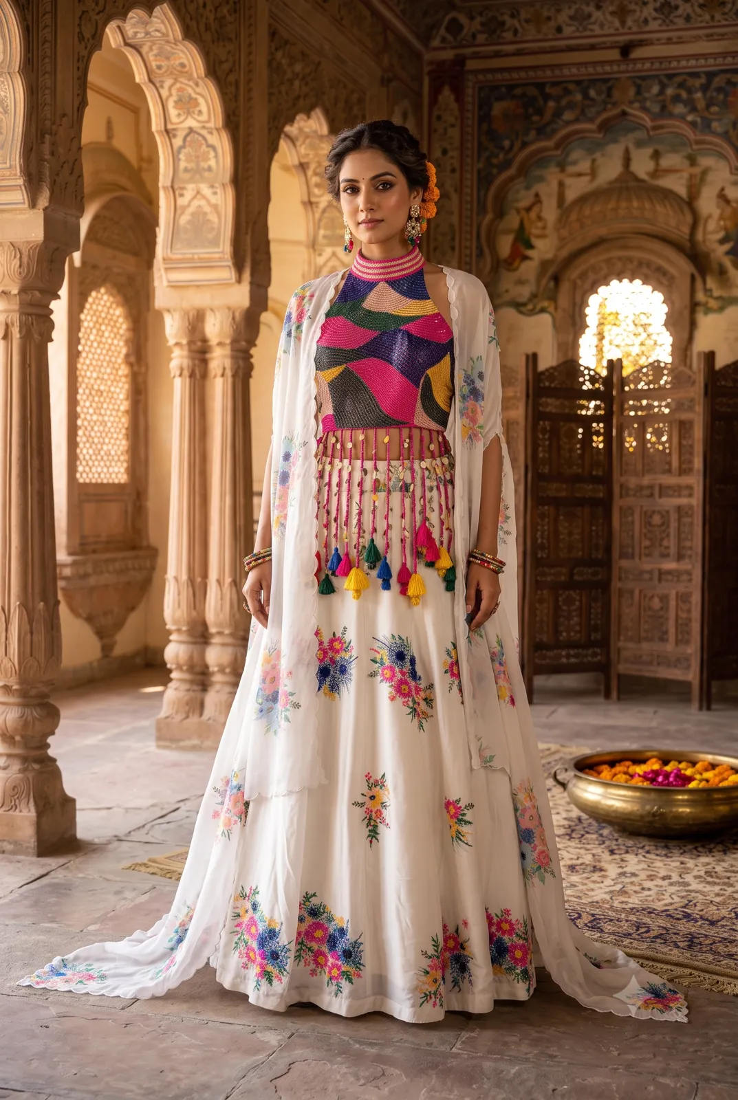 Bohemian Floral Ivory Fusion Lehenga Set — VStitch Lehnga, VStitch by Anjali Nanda