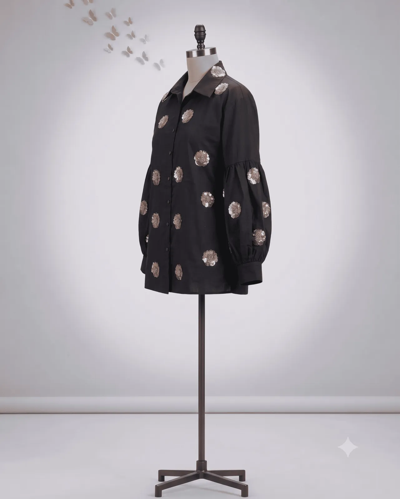 Black Floral Sequined Balloon-Sleeve Shirt view 2