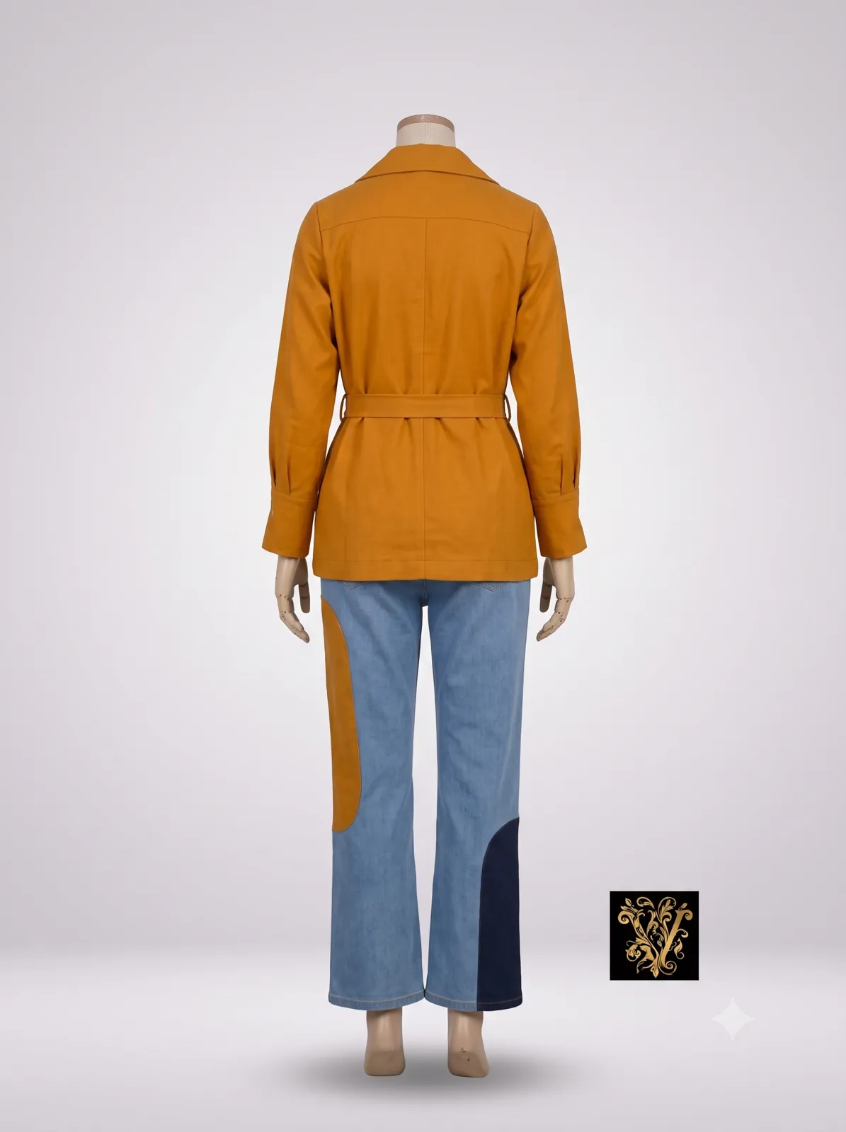 Mustard Belted Jacket & Patchwork Denim Set view 3