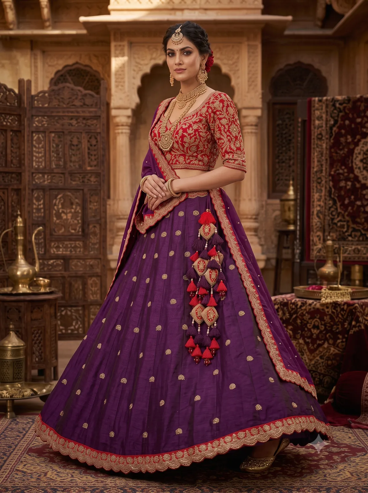 Royal Purple and Crimson Embroidered Lehenga Set view 2