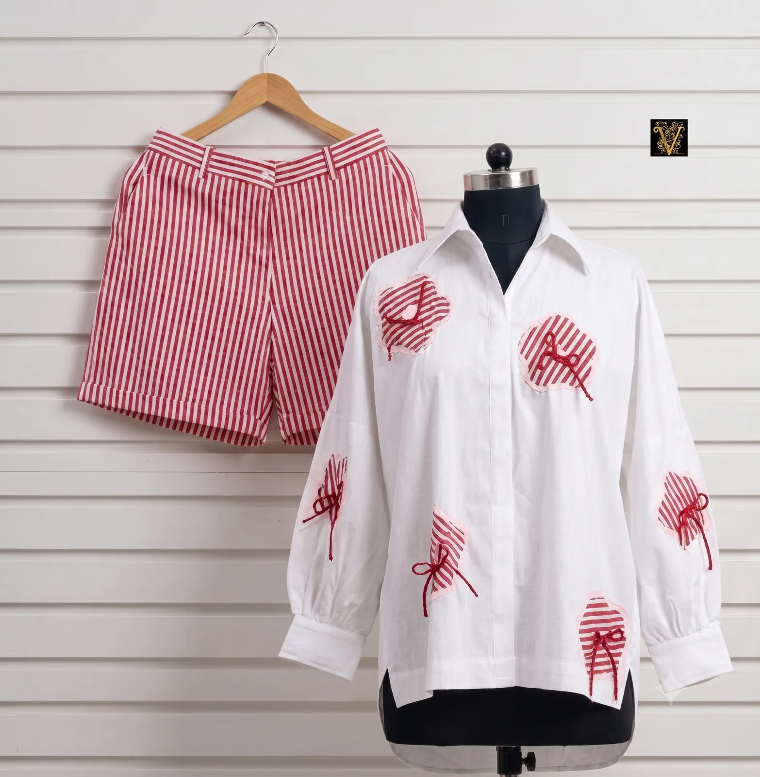 The Crimson Stripe Patchwork Short Set — VStitch Co-ord Set, VStitch by Anjali Nanda