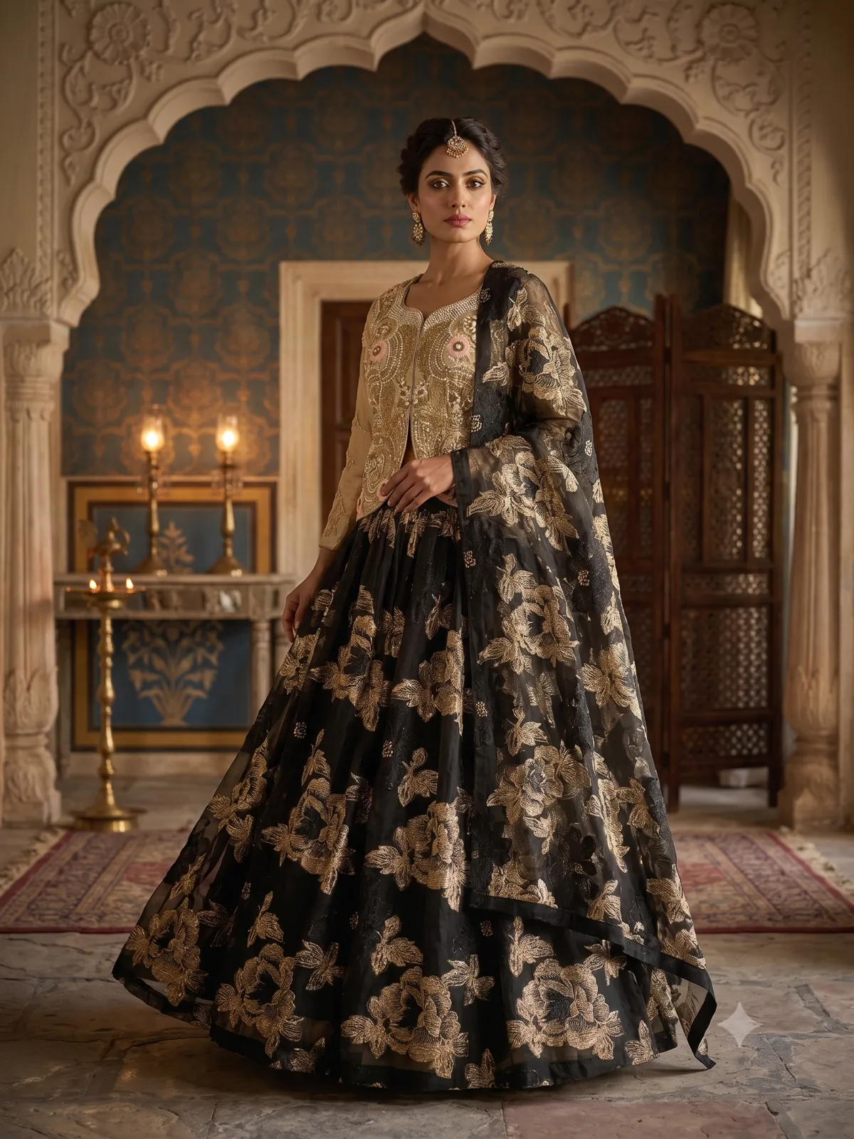 Regal Noir Gold Floral Lehenga Set — VStitch Lehnga, VStitch by Anjali Nanda