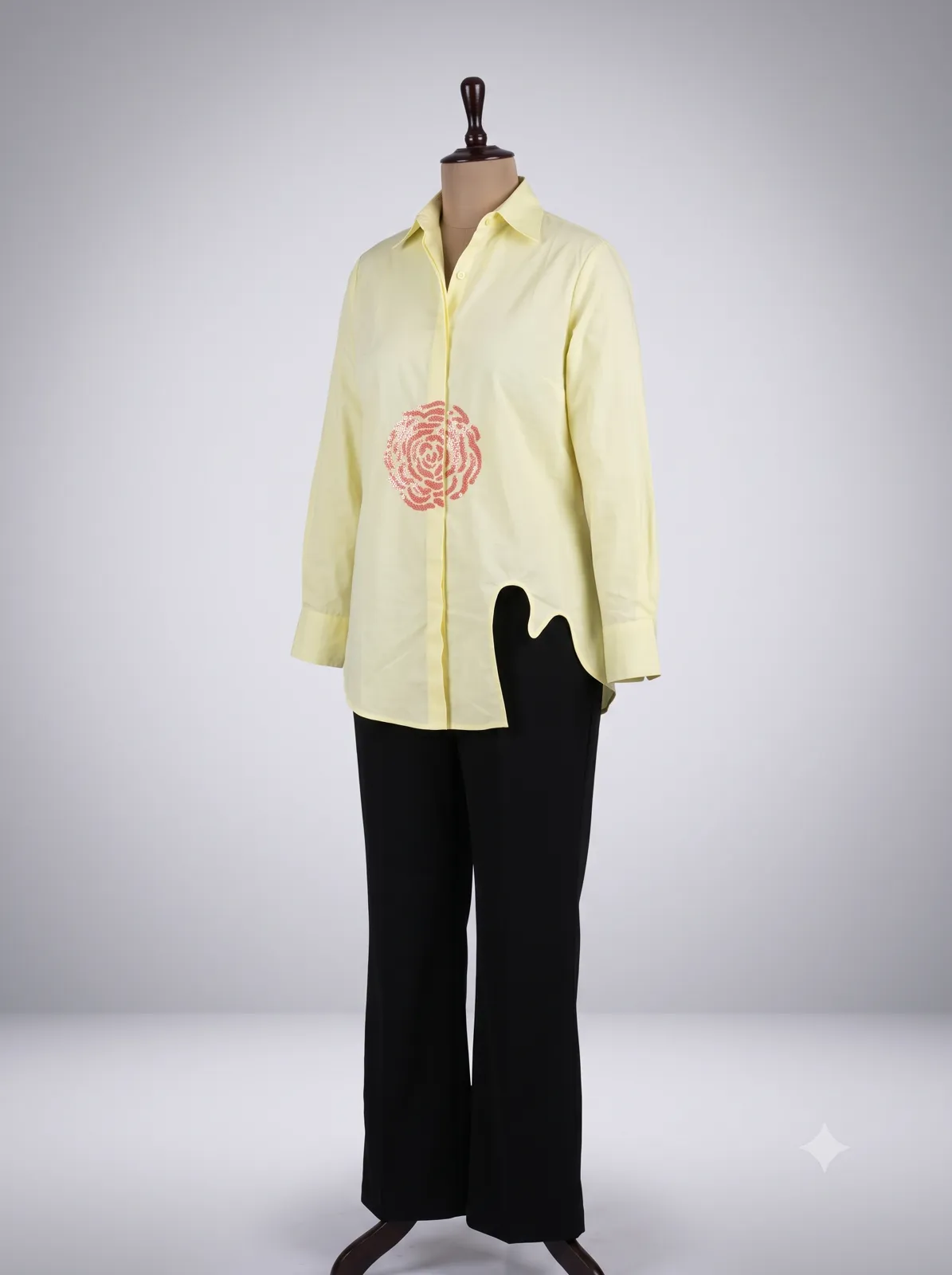 Pastel Yellow Sequined Rose Asymmetric Shirt view 2