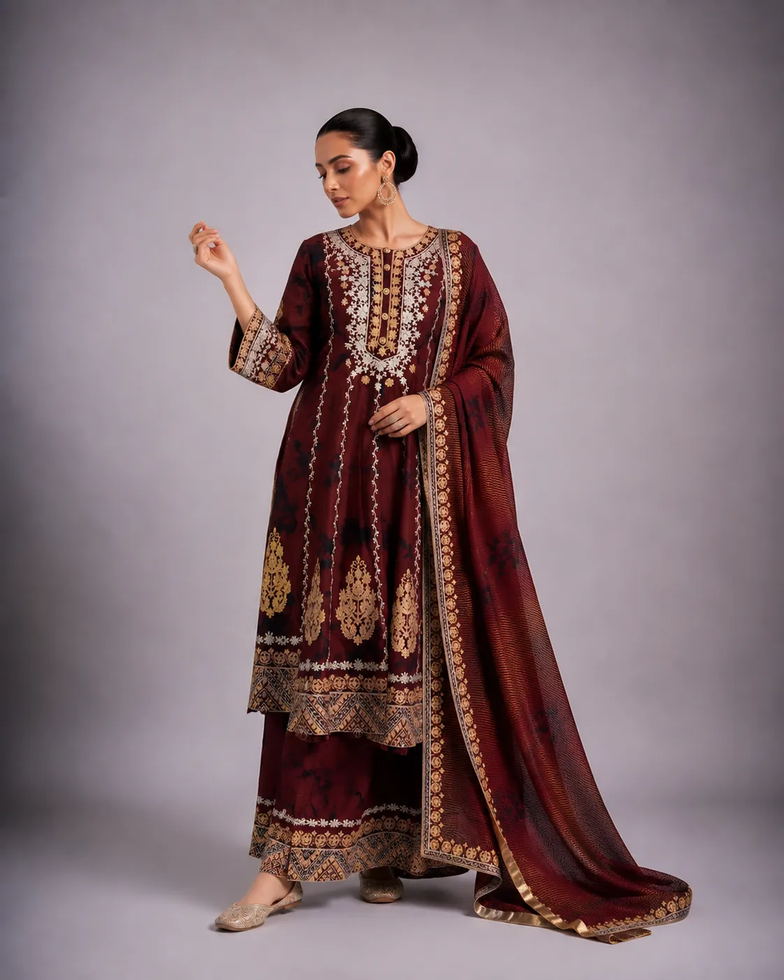 Mehrunisa Maroon Heritage Embroidered Suit Set view 2