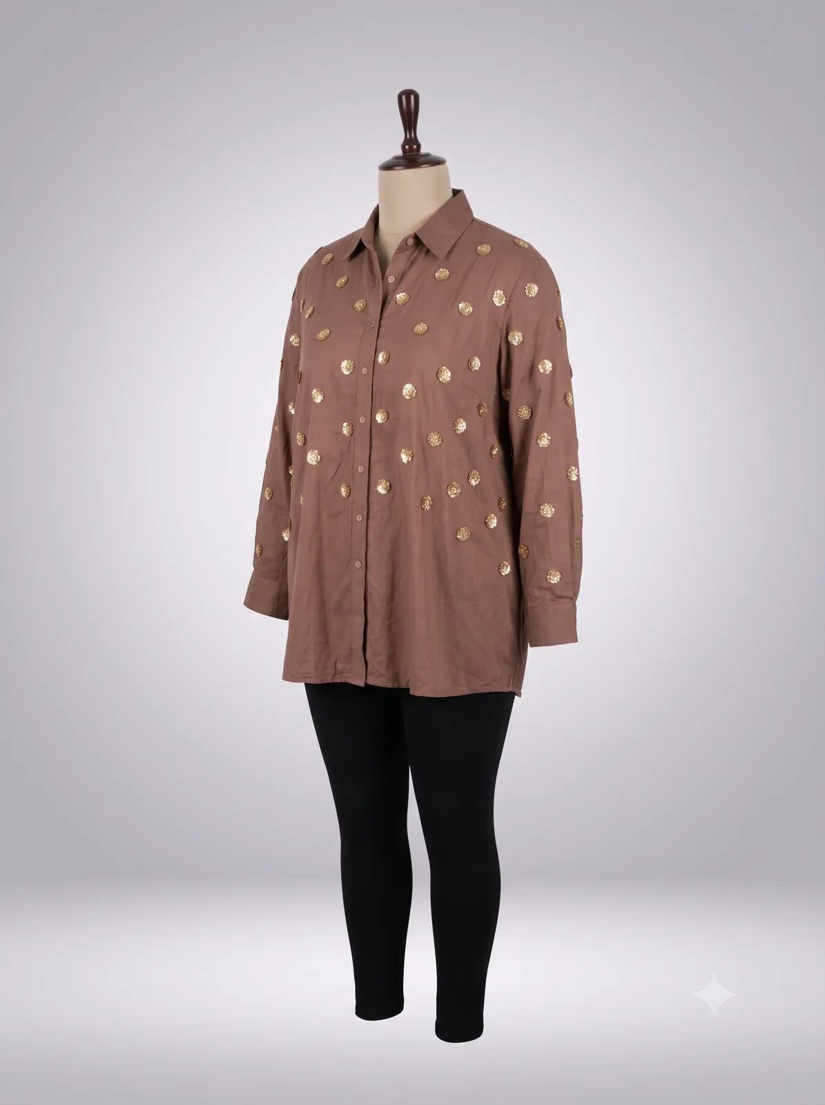 Mocha Brown Gold Polka Dot Sequined Shirt view 2