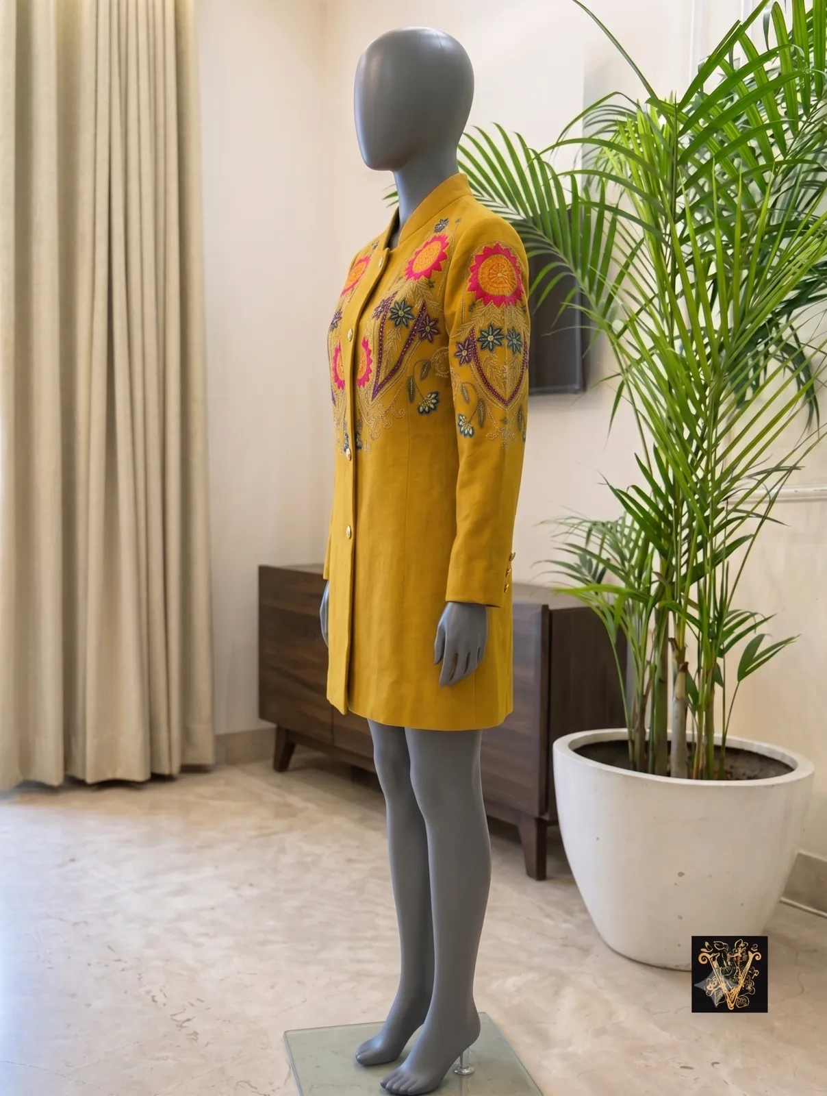 Mustard Yellow Embroidered Coat Dress view 2