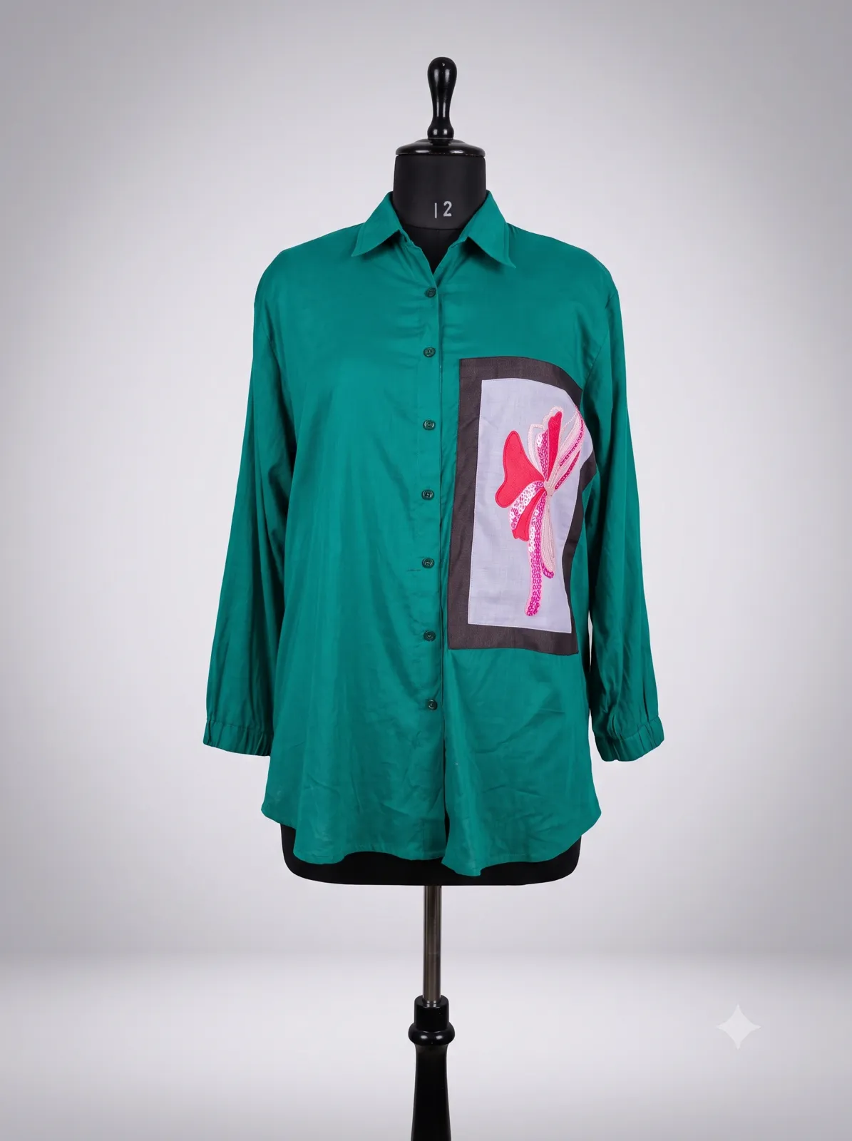 Emerald Green Graphic Patch Shirt — Vstitch Shirts, VStitch by Anjali Nanda