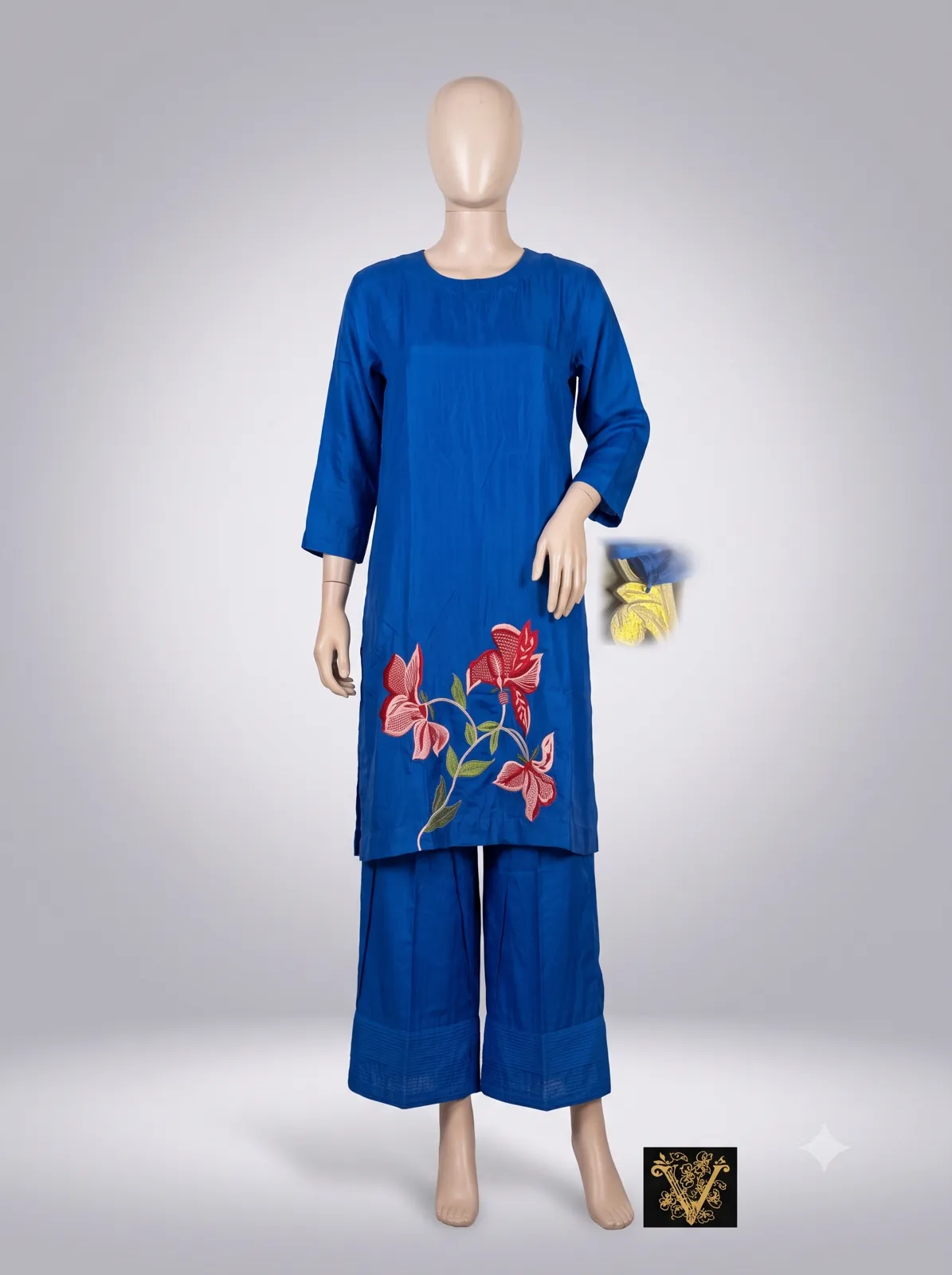 Royal Blue Floral Floral-Embroidered Suit view 3