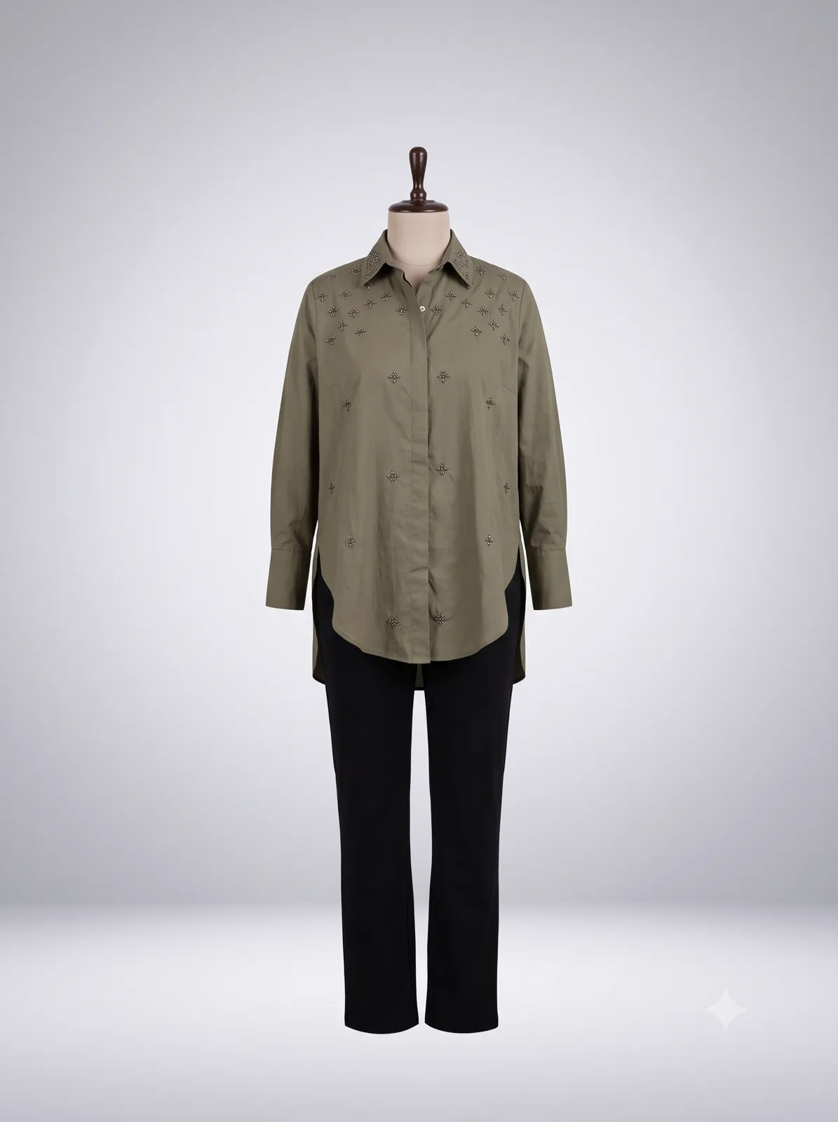 Olive Green Embellished Yoke Shirt view 2