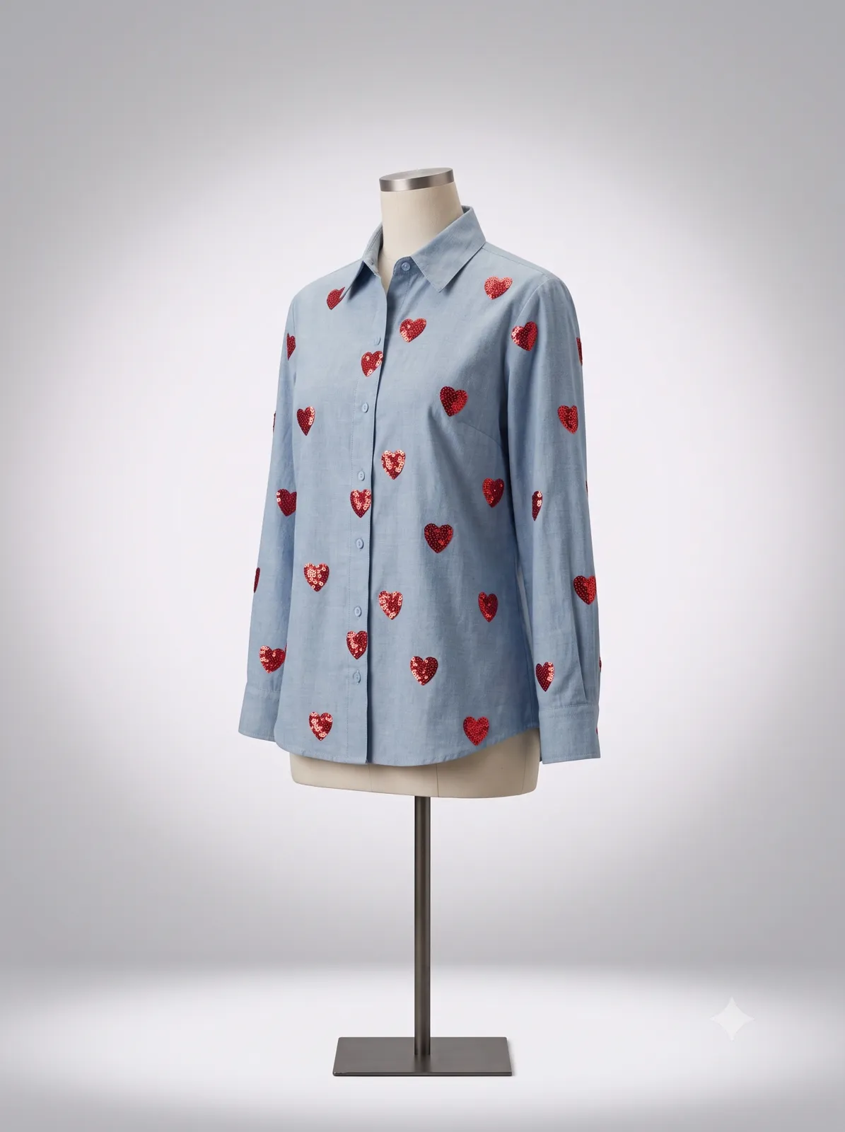 Light Blue Heart Sequined Chambray Shirt view 2