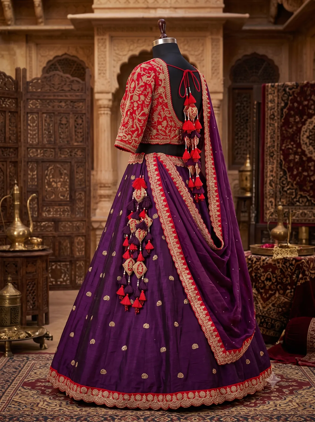 Royal Purple and Crimson Embroidered Lehenga Set view 3