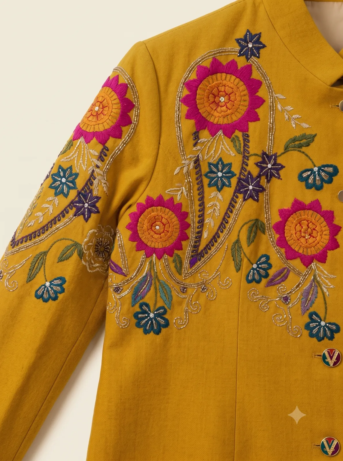 Mustard Yellow Embroidered Coat Dress view 3