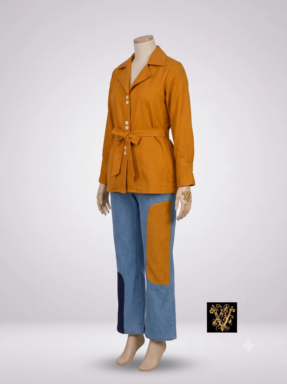 Mustard Belted Jacket & Patchwork Denim Set view 2