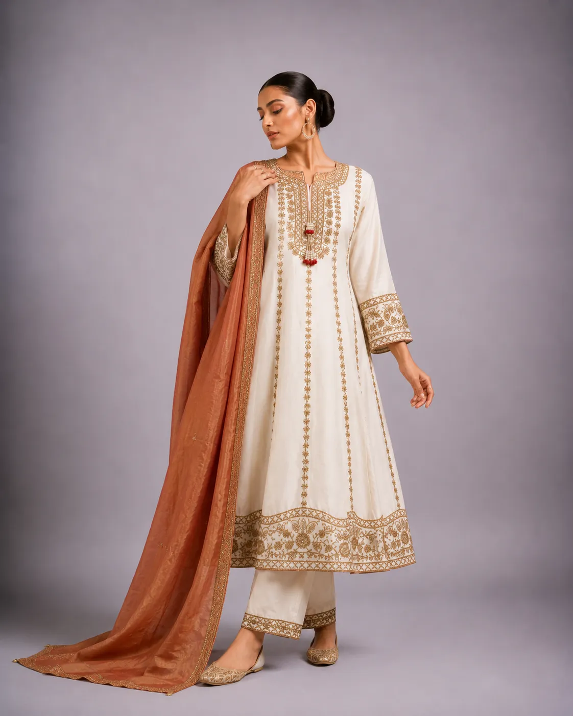 Zariya Ivory & Gold Embroidered Suit Set view 2
