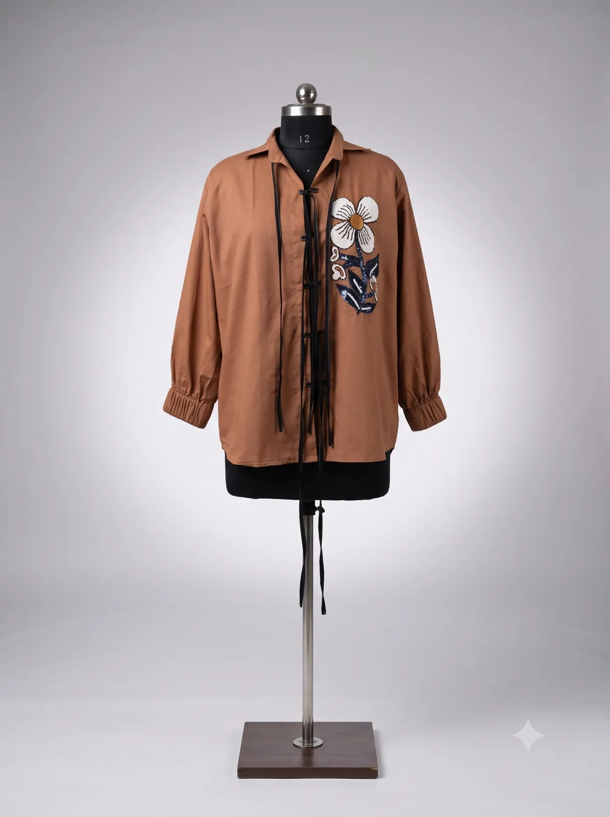 Camel Floral Embroidered Tie-Front Shirt — Vstitch Shirts, VStitch by Anjali Nanda