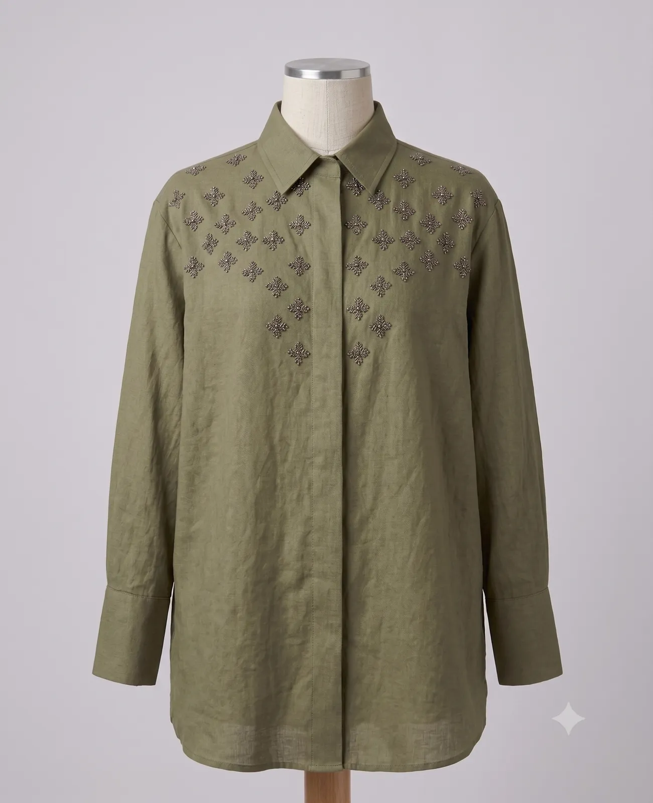 Olive Green Embellished Yoke Shirt — Vstitch Shirts, VStitch by Anjali Nanda