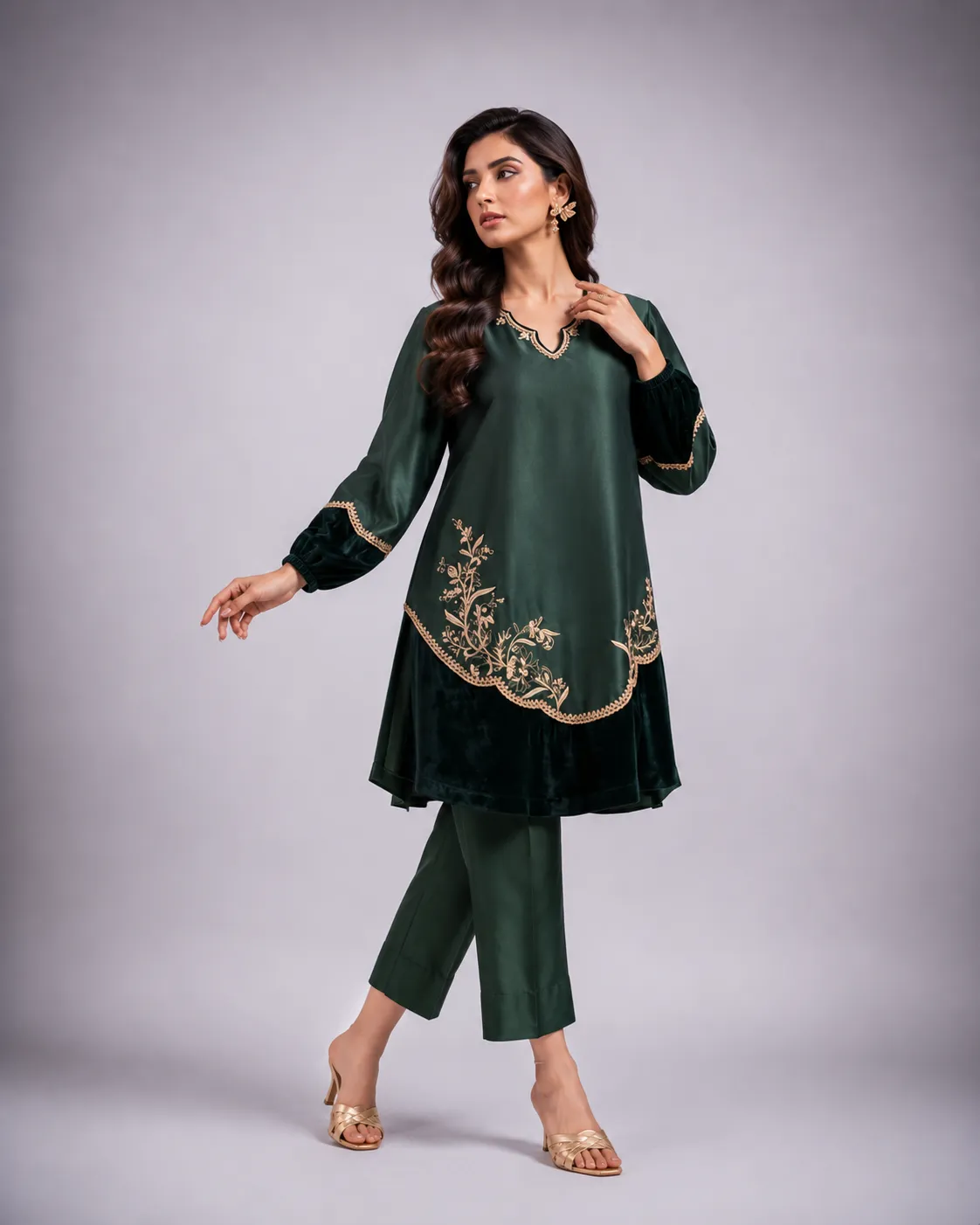 Emerald Royale Embroidered Velvet Co-Ord Set view 2