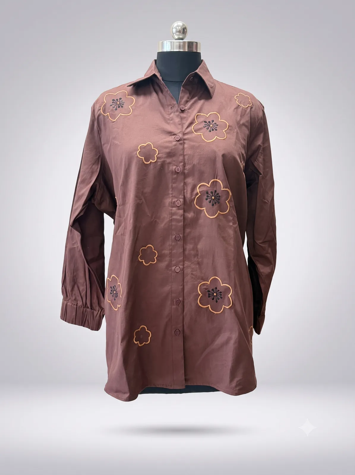 Chocolate Brown Floral Appliqué Shirt — Vstitch Shirts, VStitch by Anjali Nanda