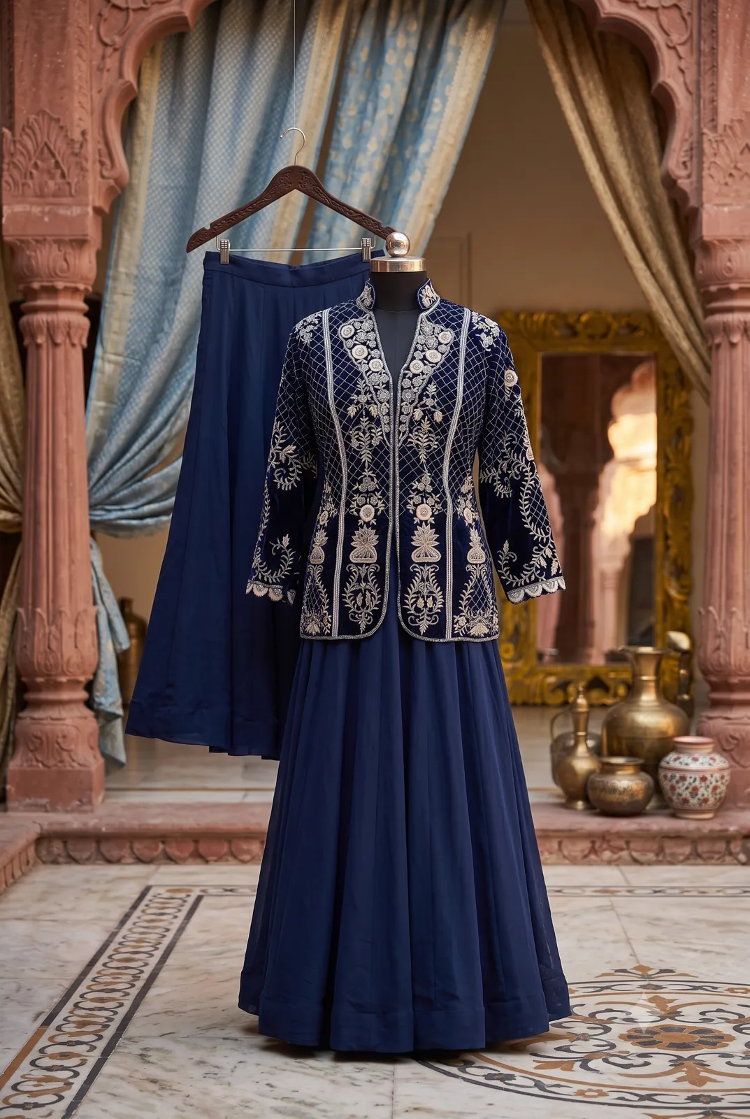 Midnight Blue Embroidered Jacket Lehenga Set view 3