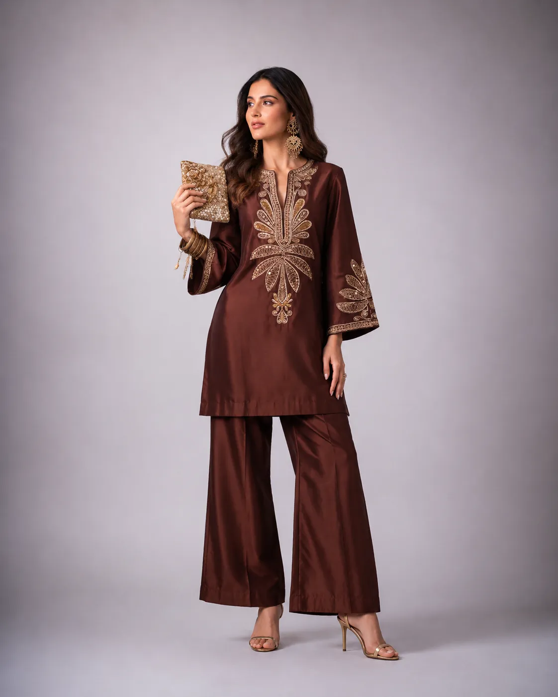 Mocha Royale Gold Embroidered Co-Ord Set — VStitch Co-ord Set, VStitch by Anjali Nanda