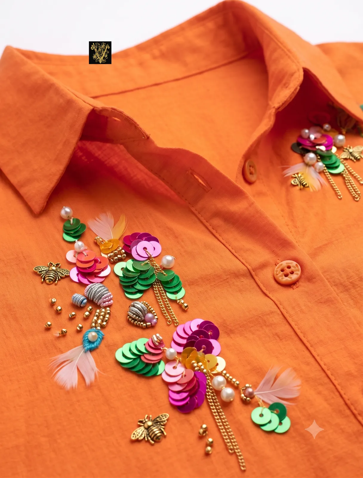 Vibrant Orange Embellished Collar Shirt view 3