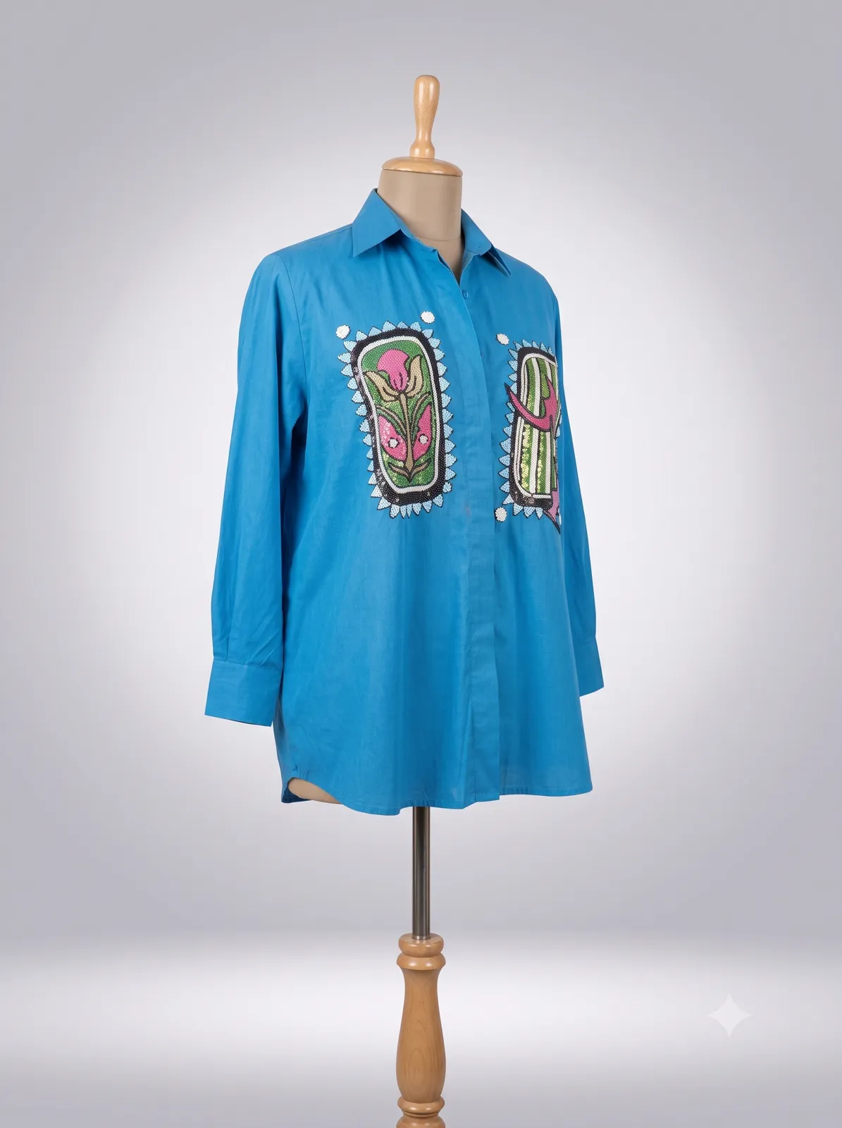 Cerulean Blue Graphic Embroidered Shirt view 2