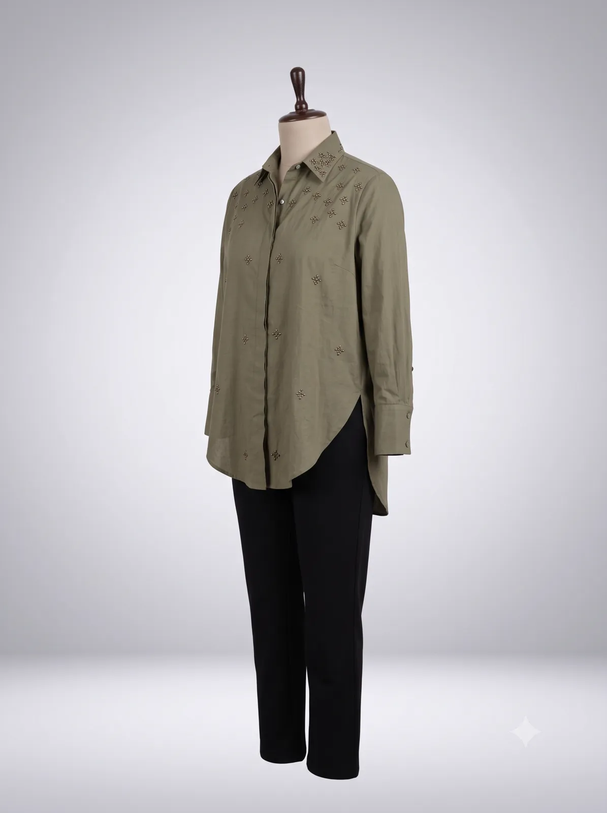 Olive Green Embellished Yoke Shirt view 3