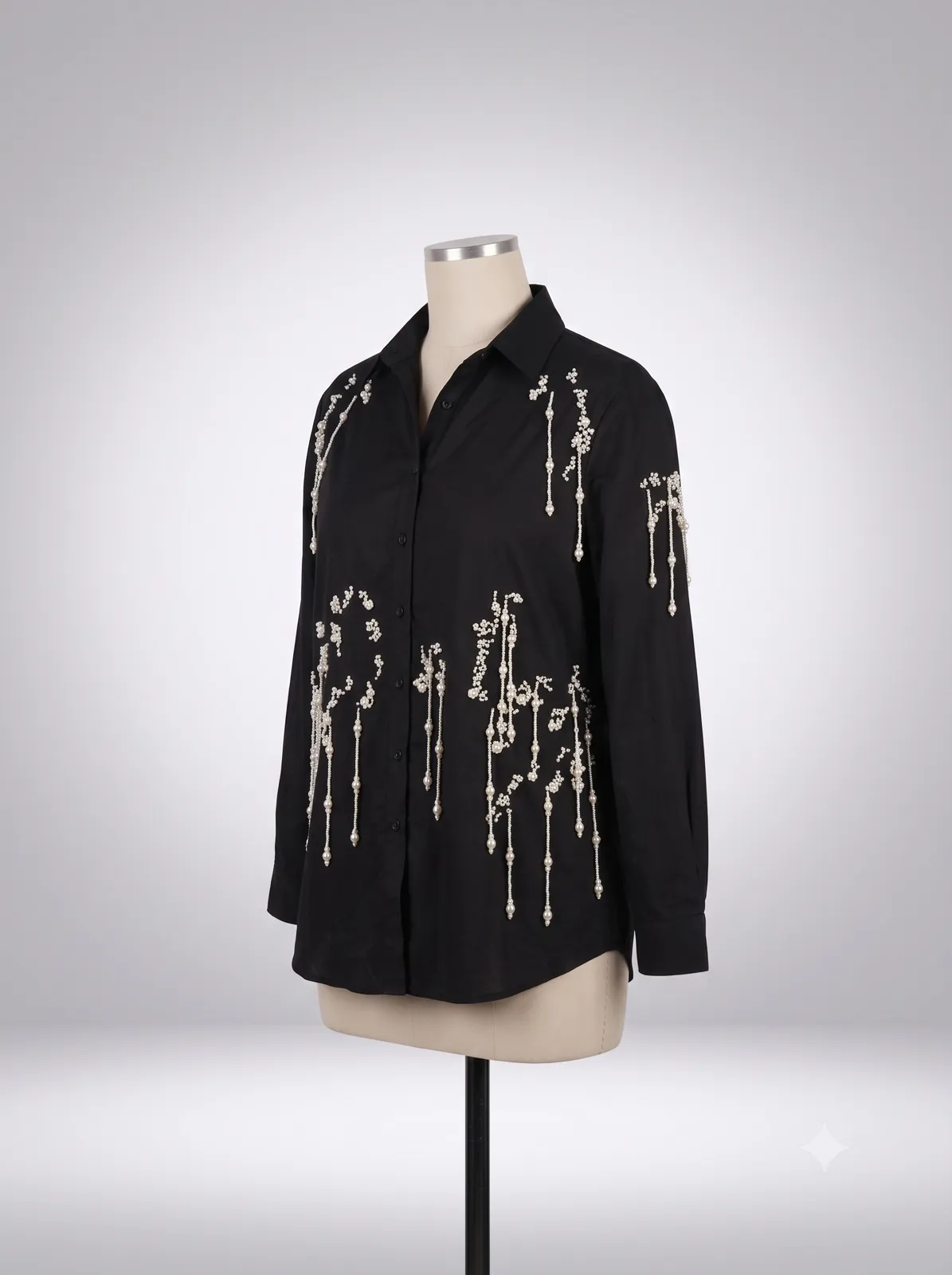 Black Pearl-Draped Button-Down Shirt — Vstitch Shirts, VStitch by Anjali Nanda