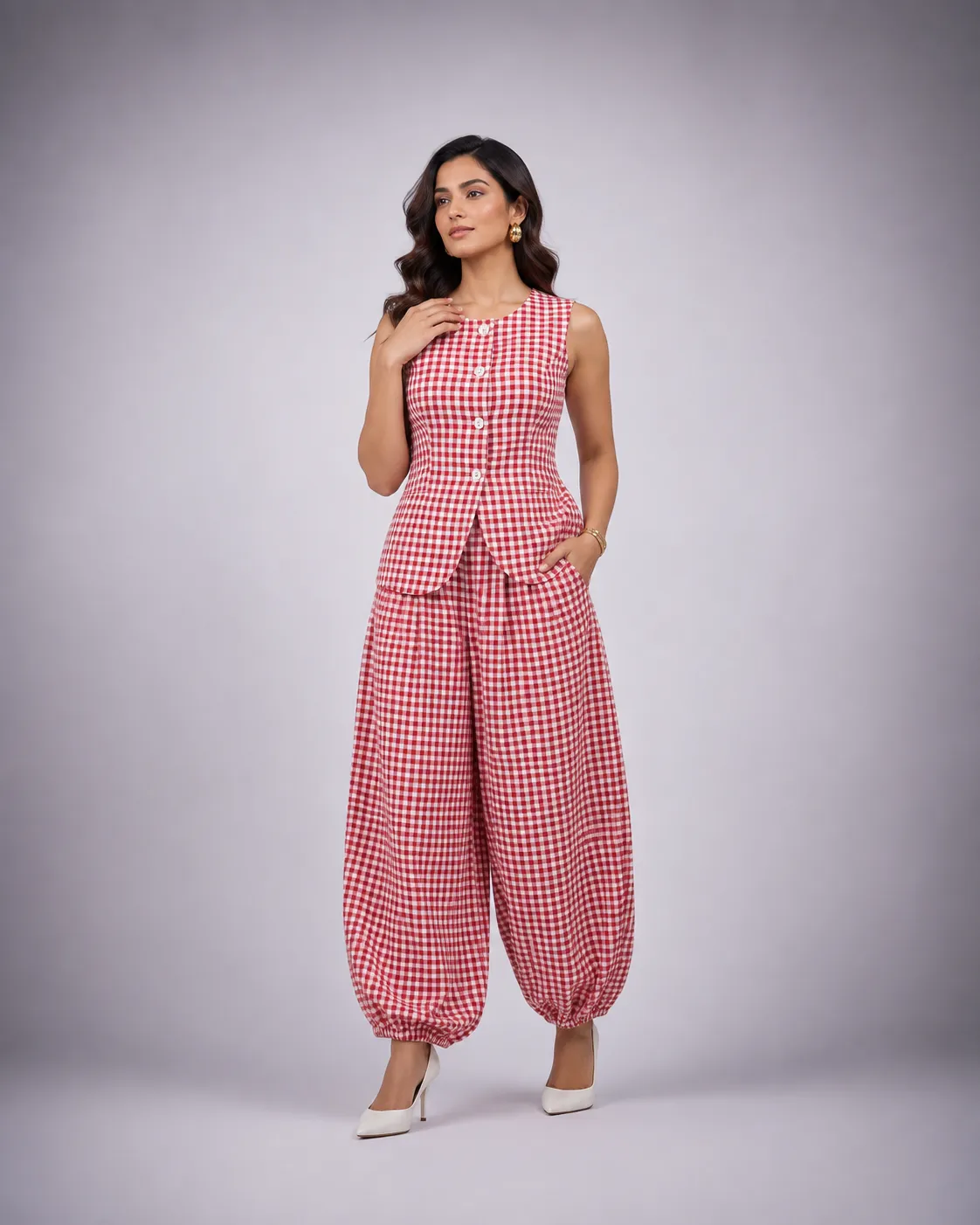 Scarlet Gingham Luxe Balloon Co-Ord Set — VStitch Co-ord Set, VStitch by Anjali Nanda