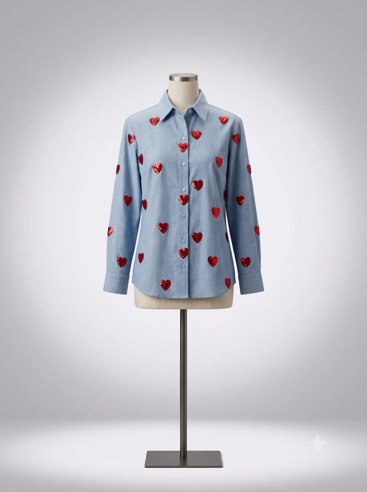 Light Blue Heart Sequined Chambray Shirt — Vstitch Shirts, VStitch by Anjali Nanda