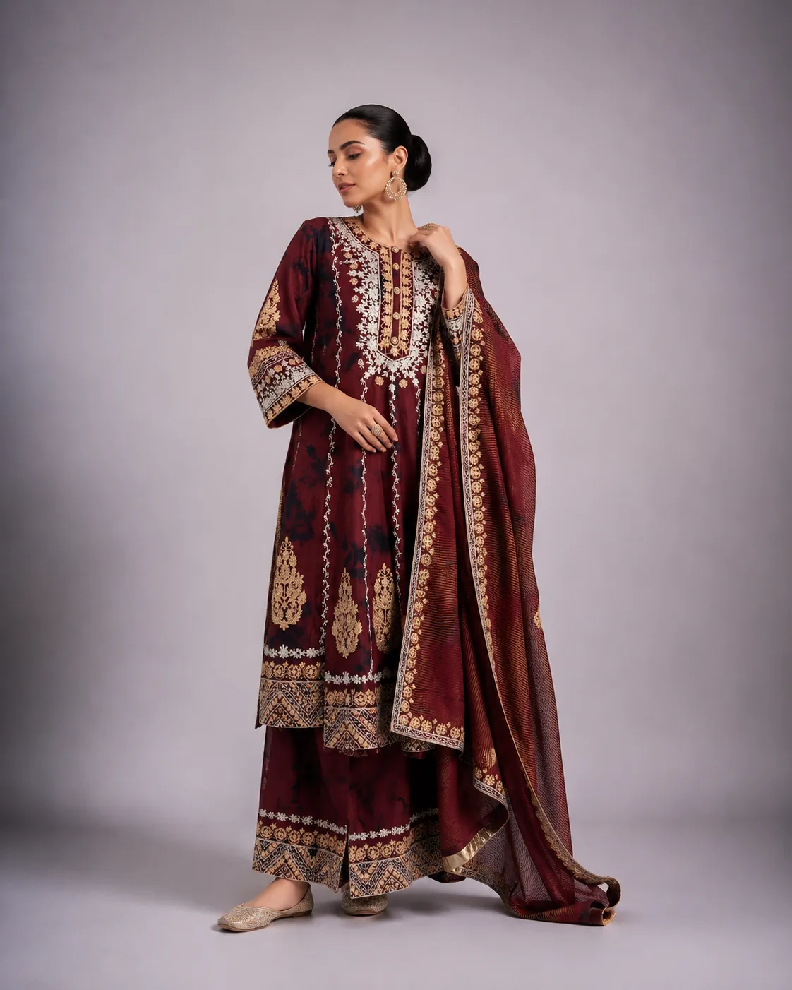 Mehrunisa Maroon Heritage Embroidered Suit Set — Vstitch Suits, VStitch by Anjali Nanda