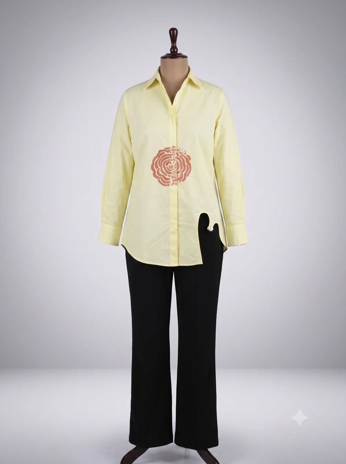 Pastel Yellow Sequined Rose Asymmetric Shirt — Vstitch Shirts, VStitch by Anjali Nanda