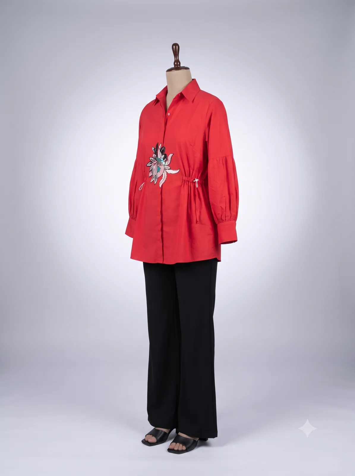 Bright Red Embroidered Drawstring Tunic Shirt view 2