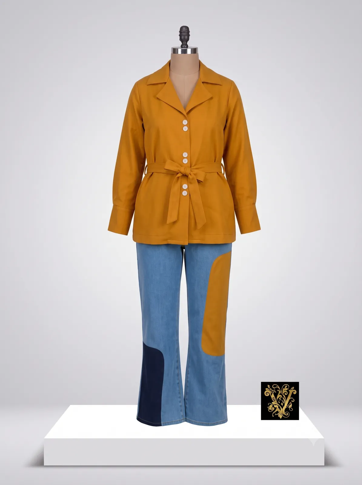 Mustard Belted Jacket & Patchwork Denim Set — VStitch Co-ord Set, VStitch by Anjali Nanda