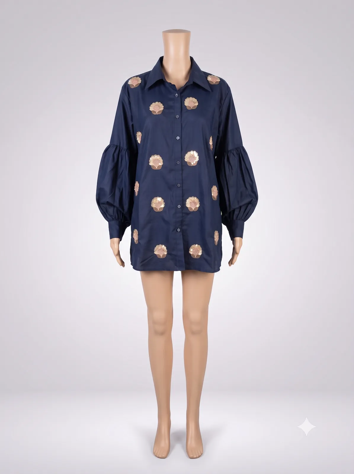 Gold Sequined Navy Blue Balloon Sleeve Shirt Dress — Vstitch Shirts, VStitch by Anjali Nanda