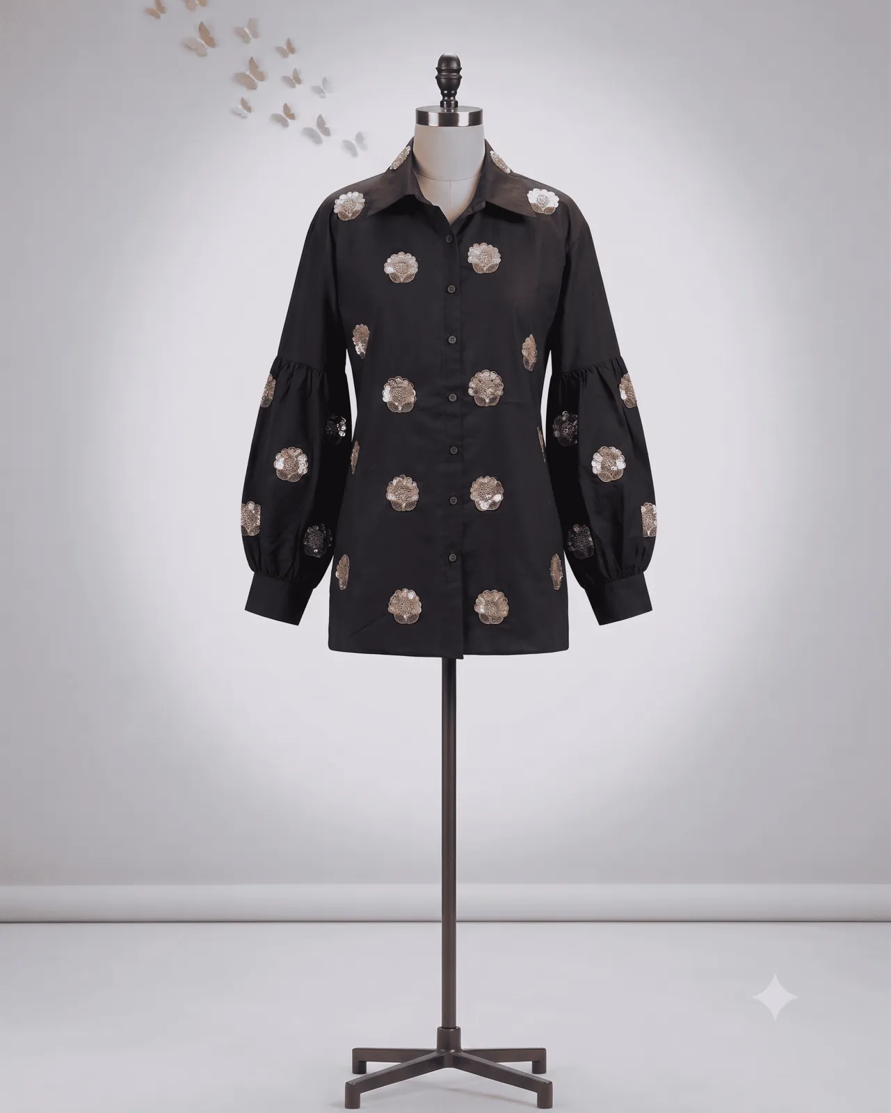 Black Floral Sequined Balloon-Sleeve Shirt — Vstitch Shirts, VStitch by Anjali Nanda