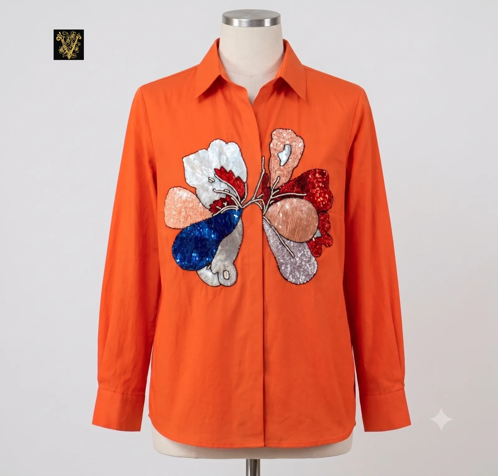 Tangerine Sequined Abstract Floral Shirt — Vstitch Shirts, VStitch by Anjali Nanda