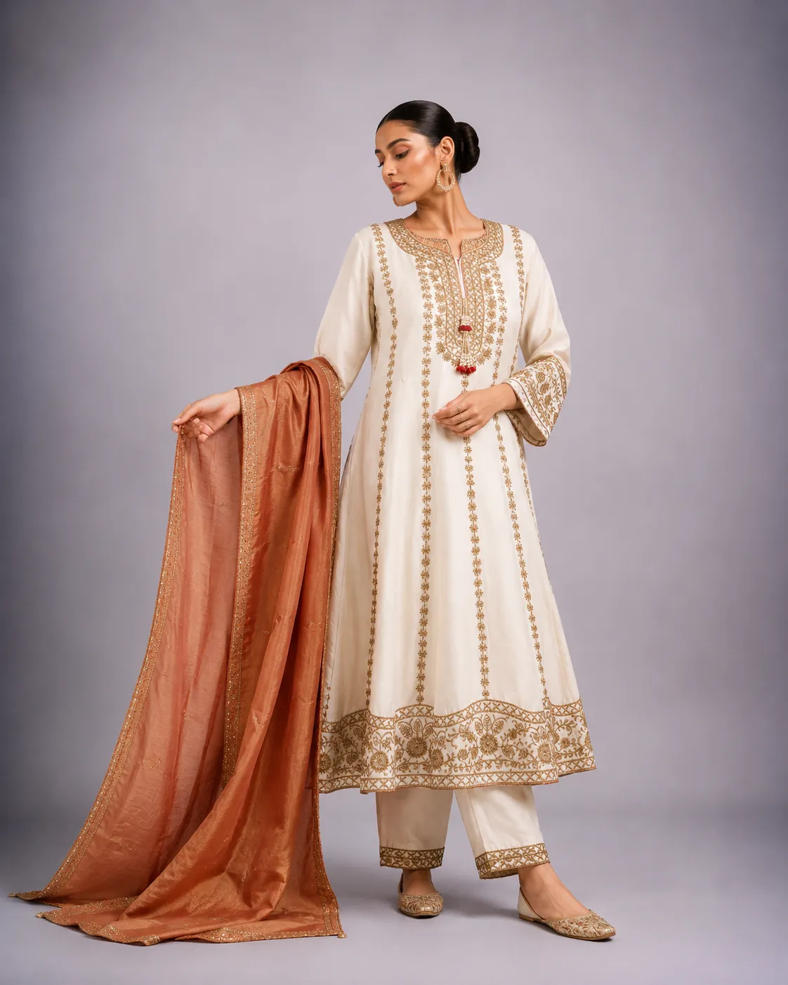 Zariya Ivory & Gold Embroidered Suit Set — Vstitch Suits, VStitch by Anjali Nanda